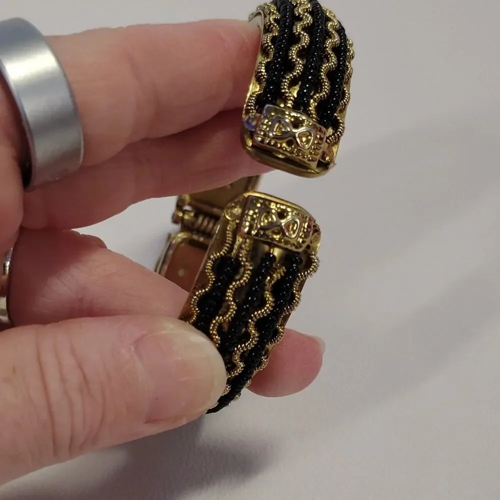 Hinged Bangle Bracelet Gold Black Gimp Trim Fabric Gold-tone Metal 2.5